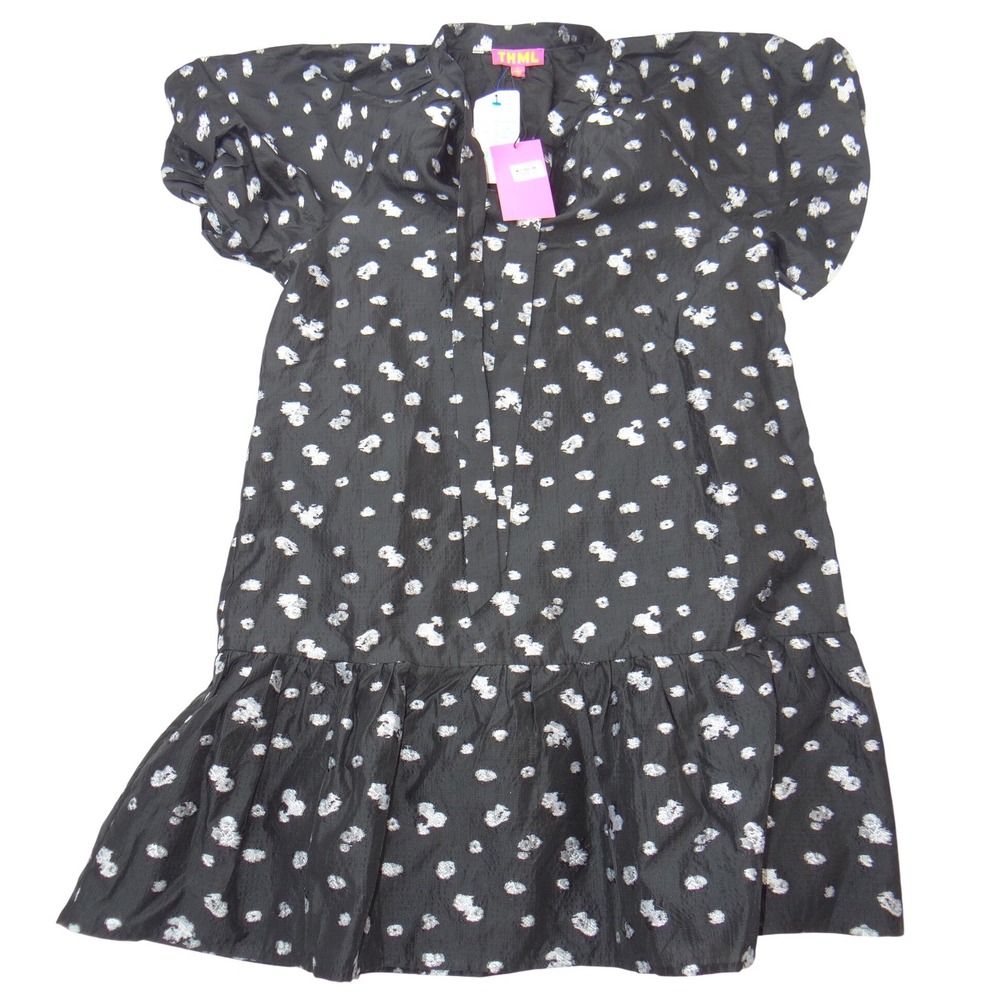 NWT-THML Womens Black Silver Metallic Embroidery Tiered Mini Dress WCT1865-BK